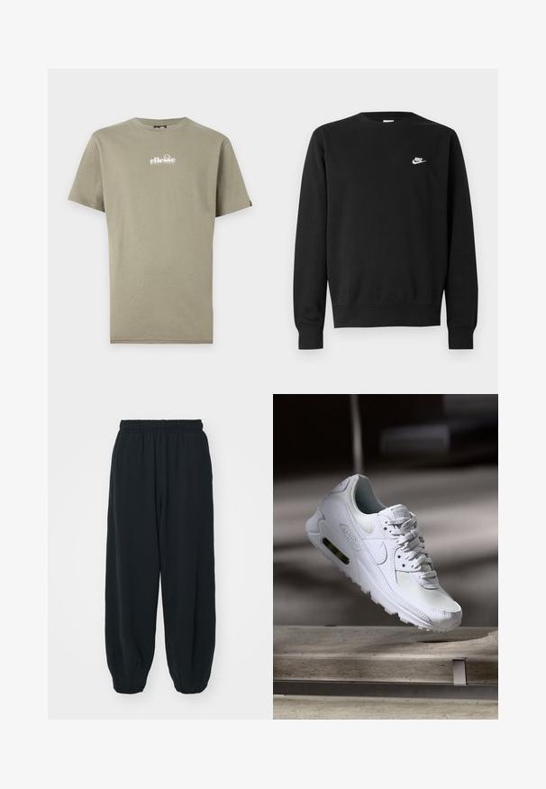 Sweatshirt preta de algodão, com gola redonda, mangas compridas e pequeno logótipo branco da Nike no lado superior esquerdo do peito.; T-shirt de algodão verde-oliva com mangas curtas e decote redondo; apresenta um logótipo branco no peito e uma pequena etiqueta da marca no lado esquerdo.; Calças de fato de treino pretas, com cintura elástica e um corte solto, com punhos nas pernas, textura suave e sem padrões visíveis ou detalhes de metal.; Sapatilha Nike Air Max 90 branca com parte superior em malha e couro, caixa de dedos perfurada e uma unidade de ar visível no calcanhar.