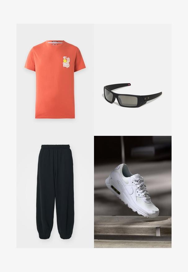Svart genser i bomull med rund hals, lange ermer og en liten hvit Nike-logo øverst til venstre på brystet.; Kortermet t-skjorte i korallfarget bomull. Har et hvitt grafisk trykk med tekst og et smilende ansikt på venstre brystområde. Rund hals.; Sorte, joggebukser med elastisk liv, løs passform, mansjetter på ankler, glatt tekstur og uten synlige mønstre eller hardware-detaljer.; Hvit Nike Air Max 90 sneakers med øvre del laget av mesh og skinn, perforert tåboks og en synlig luftenhet i hælen.; Sorte solbriller med mat finish, rektangulære linser, lett kurv på brillestengene, diskret logo detaljer, og røyktinted linser.