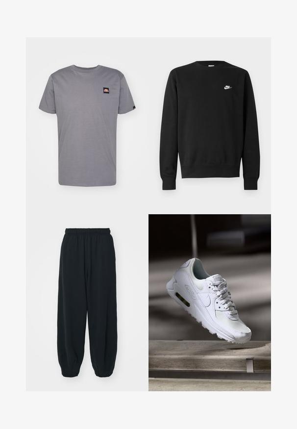 Černá bavlněná mikina s kulatým výstřihem, dlouhými rukávy a malým bílým logem Nike na levé horní části hrudi.; Šedé bavlněné tričko s krátkým rukávem, kulatým výstřihem a malou nášivkou vlevo nahoře. Má rovný lem a měkkou texturu.; Černé teplákové kalhoty s elastickým pasem, volným střihem, manžetami na kotnících, hladkým povrchem a bez viditelných vzorů či kovových detailů.; Bílé tenisky Nike Air Max 90 s vrchním materiálem z textilu a kůže, perforovanou špičkou a viditelnou vzduchovou jednotkou v patě.