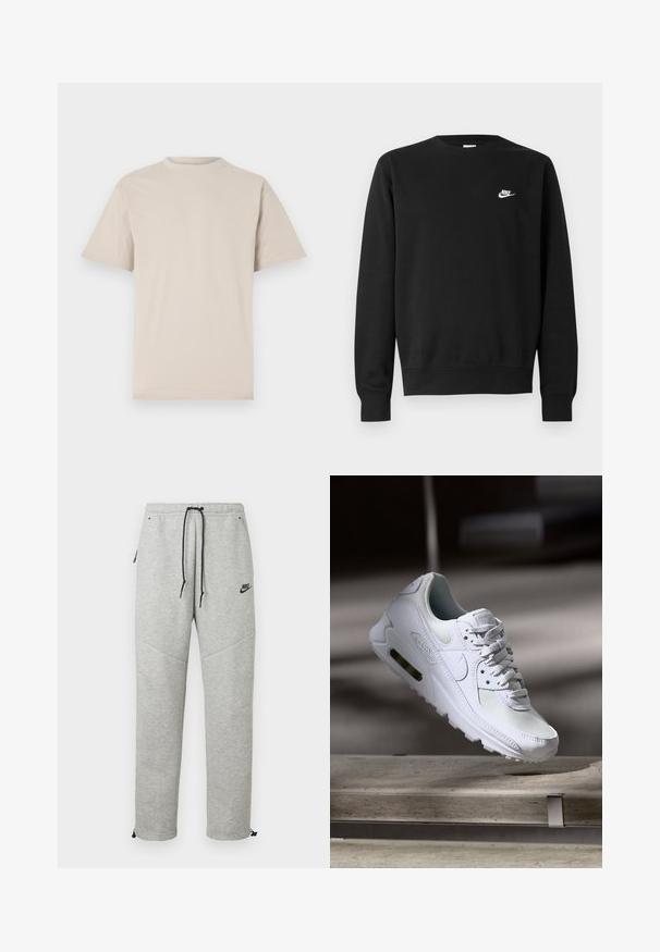 Musta puuvillainen collegepaita, jossa on pyöreä kaula-aukko, pitkät hihat ja pieni valkoinen Nike-logo vasemman rinnan yläosassa.; Beige lyhythihainen t-paita, pyöreä kaula-aukko, valmistettu sileästä puuvillakankaasta, jossa on rento istuvuus ja ei näkyviä kuvioita tai koristeita.; Harmaat Nike-housut, joissa on nauhavyötärö, sivutaskut ja elastiset hihnat. Ominaisuutena sileä pinta ja erottuva musta logotervastus.; Valkoiset Nike Air Max 90 -lenkkarit, joissa on verkko- ja nahkapinta, rei'itetty kärki ja näkyvä ilmayksikkö kantapäässä.