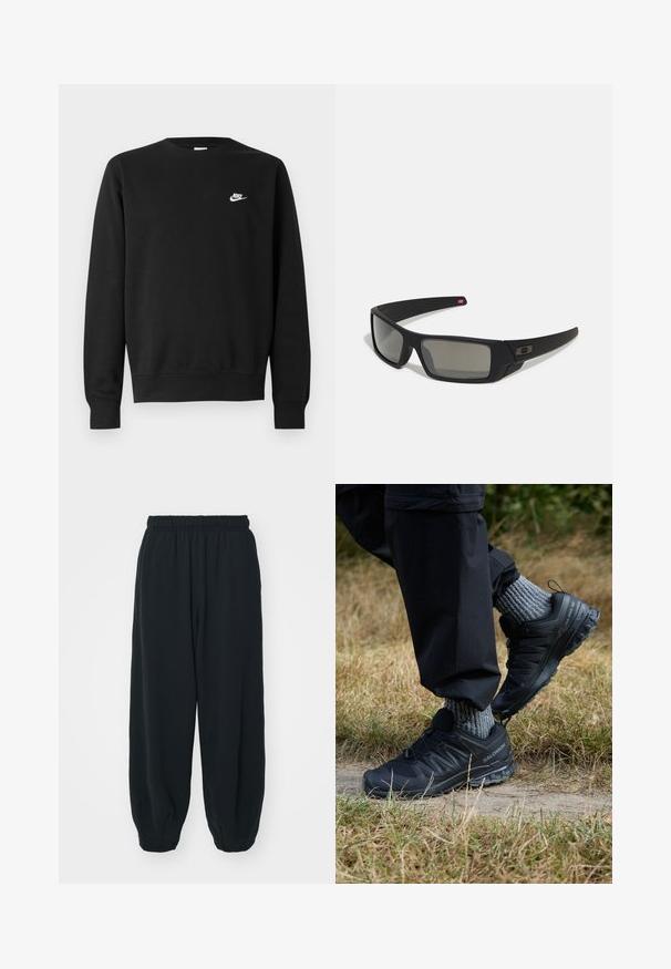 Juodas medvilninis džemperis su apvalia iškirpte, ilgomis rankovėmis ir mažu baltu „Nike“ logotipu viršutinėje kairėje krūtinės pusėje.; Juodi, su elastiniu juosmeniu sportiniai kelnės su laisvu siluetu, suapvalintais kulkšnimis, lygia tekstūra ir be matomų raštų ar metalinių akcentų.; Juodi sportiniai bateliai su tekstūruota tinklelio viršūne, guminiu padu ir išsiskiriančia raištelių sistema. Pora su pilkais mezginiais kojinėmis ir juodomis kelnėmis.; Juodi akiniai saulės su matinio paviršiaus užbaigimu, stačiakampiai lęšiai, švelnus lenkimas ant šventyklų, subtilus logotipo detalizavimas ir dūminiai lęšiai.