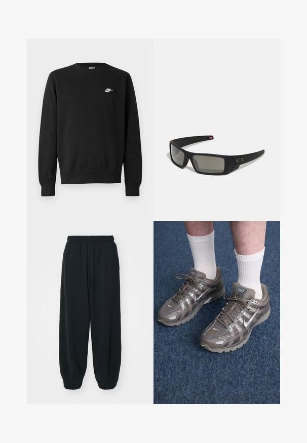 Črni pulover iz bombaža z okroglim izrezom, dolgimi rokavi in majhnim belim logotipom Nike na zgornjem levem delu prsnega koša.; Črne, elastične hlače za prosti čas z ohlapnim krojem, manšetami na gležnjih, gladko teksturo in brez vidnih vzorcev ali dodatkov.; Nike superge v rjavih in sivih odtenkih z mrežasto in sintetično zgornjimi materiali, ki vsebujejo odsevnike, vezalke in oblazinjeno podplat.; Crne sončne naočale s mat površinom, pravokutne leće, blagi luk na sljepilima, diskretna oznaka i leće sa dimnim nijansama.