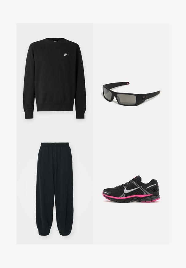 Sweatshirt preta de algodão, com gola redonda, mangas compridas e pequeno logótipo branco da Nike no lado superior esquerdo do peito.; Calças de fato de treino pretas, com cintura elástica e um corte solto, com punhos nas pernas, textura suave e sem padrões visíveis ou detalhes de metal.; Os sapatos atléticos pretos apresentam um cabedal em malha, detalhes em rosa na sola e um logótipo da Nike em cinza. O design inclui uma sola acolchoada para conforto.; Óculos de sol pretos com acabamento mate, lentes retangulares, leve curvatura nas hastes, detalhe sutil do logo e lentes de cor fumada.