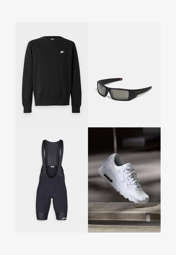 Svart genser i bomull med rund hals, lange ermer og en liten hvit Nike-logo øverst til venstre på brystet.; Sorte sykkeldrakt med en tett passform, teksturert stoff, mesh overdelsseksjon og en logo på benet. Strukturert design for komfort.; Hvit Nike Air Max 90 sneakers med øvre del laget av mesh og skinn, perforert tåboks og en synlig luftenhet i hælen.; Sorte solbriller med mat finish, rektangulære linser, lett kurv på brillestengene, diskret logo detaljer, og røyktinted linser.
