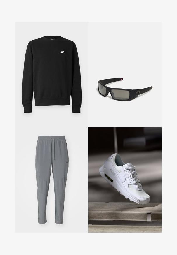 Melnā džemperis no kokvilnas ar apaļu izgriezumu, gariem piedurknēm un mazu balto Nike logotipu augšējā kreisajā krūtī.; Pelēki sporta bikses ar elastīgu jostu, vilkšanas stīgu, sašaurinātām kājām un sānu paneļiem. Ir neliels melns logotips tuvu kreisajam augšējam stūrī.; Baltas Nike Air Max 90 sporta apavi ar sietu un ādas augšdaļu, caurspīdīgu pirksta daļu un redzamu gaisa vienību papēdī.; Melni saulesbrilles ar matētu apdari, taisnstūra lēcām, nedaudz izliektiem tempļiem, smalkiem logotipa elementiem un dūmu nokrāsas lēcām.