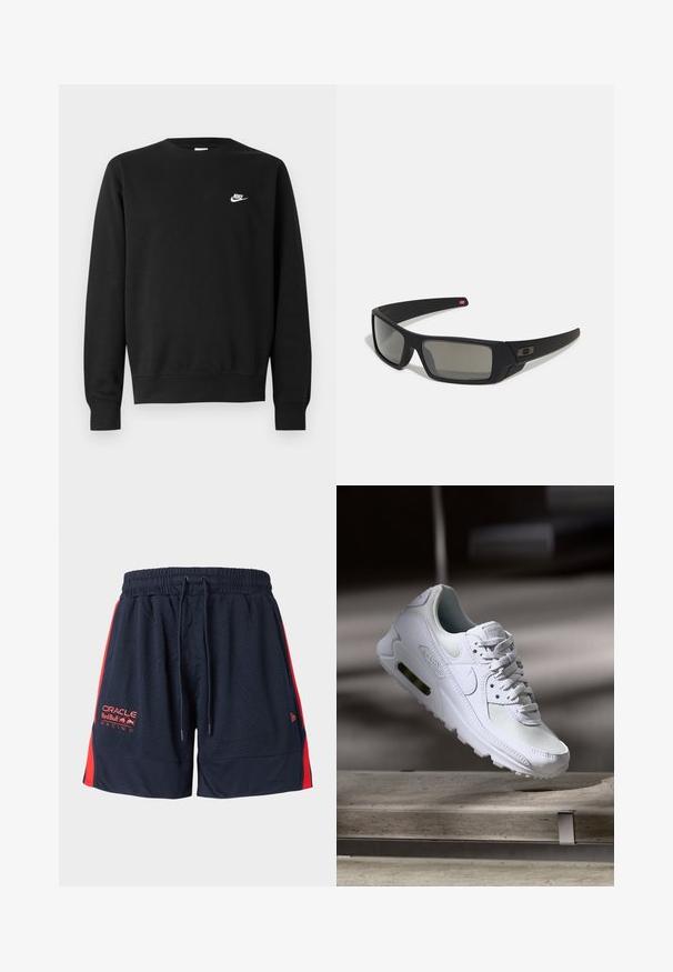 Svart genser i bomull med rund hals, lange ermer og en liten hvit Nike-logo øverst til venstre på brystet.; Marineblå meshshorts med røde sidestriper. Har strikket liv og snøring. Inkluderer logo broderi på venstre lår.; Hvit Nike Air Max 90 sneakers med øvre del laget av mesh og skinn, perforert tåboks og en synlig luftenhet i hælen.; Sorte solbriller med mat finish, rektangulære linser, lett kurv på brillestengene, diskret logo detaljer, og røyktinted linser.
