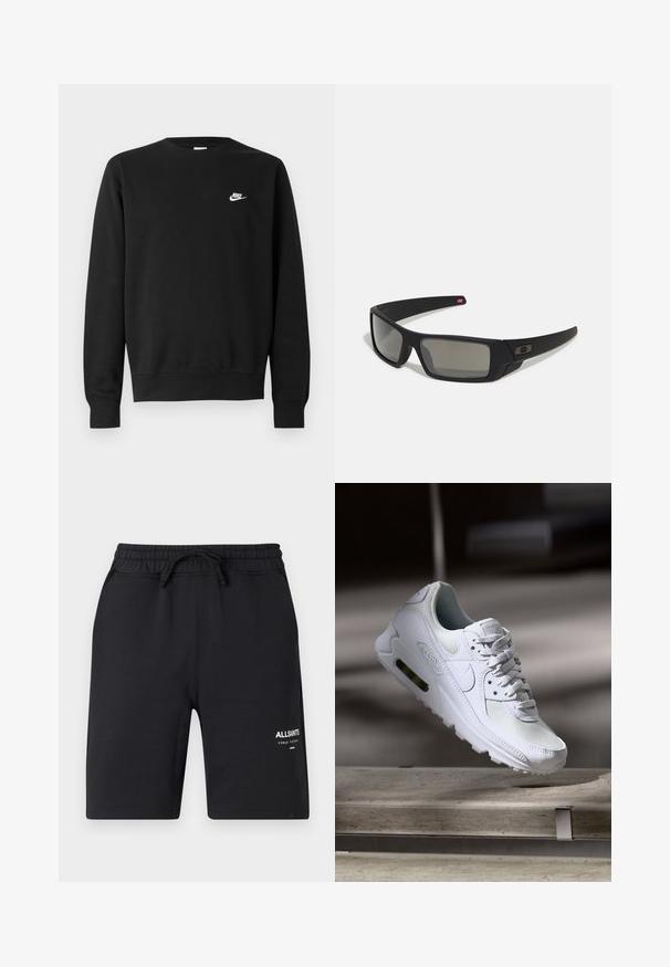 Zwarte sweater van katoen, met een ronde hals, lange mouwen en een klein wit Nike-logo aan de bovenkant van de linkerborst.; Zwarte katoenen shorts met een elastische tailleband, een trekkoord en witte logo-details. Soepele textuur en knielange ontwerp.; Witte Nike Air Max 90 sneaker met een bovenwerk van mesh en leer, een geperforeerde teenbox en een zichtbare luchtunit in de hiel.; Zwarte zonnebril met een matte afwerking, rechthoekige glazen, een lichte kromming op de slapen, subtiele logodetails en rookgetinte glazen.