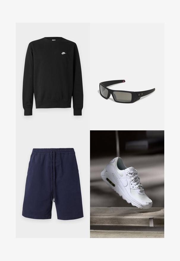 Felpa nera in cotone, con scollo rotondo, maniche lunghe e un piccolo logo Nike bianco sul lato sinistro superiore del petto.; Shorts blu navy in cotone, con vita elastica e cordino, tasche laterali e design a gamba dritta. Senza fantasie.; Sneaker Nike Air Max 90 bianco con tomaia in mesh e pelle, punta forata e un'unità air visibile nel tallone.; Occhiali da sole neri con finitura opaca, lenti rettangolari, leggero curvatura sulle tempie, dettaglio logo discreto e lenti color fumo.