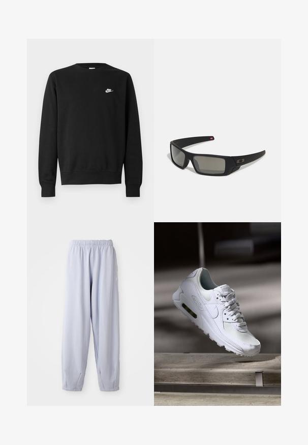 Sweatshirt preta de algodão, com gola redonda, mangas compridas e pequeno logótipo branco da Nike no lado superior esquerdo do peito.; Calças de jogging em lavanda claro, feitas de um tecido suave, com uma cintura elástica e punhos franzidos. Apresenta uma marcação subtil de lado.; Sapatilha Nike Air Max 90 branca com parte superior em malha e couro, caixa de dedos perfurada e uma unidade de ar visível no calcanhar.; Óculos de sol pretos com acabamento mate, lentes retangulares, leve curvatura nas hastes, detalhe sutil do logo e lentes de cor fumada.