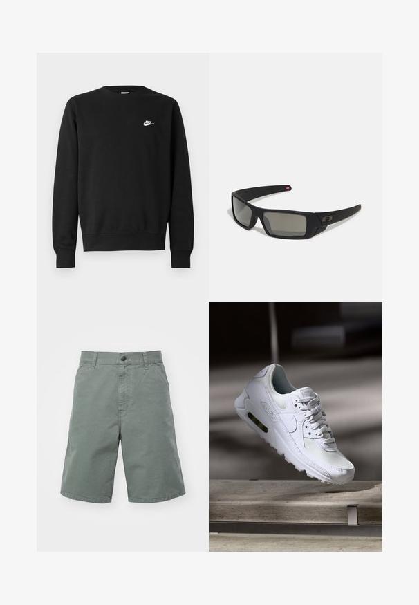 Černá bavlněná mikina s kulatým výstřihem, dlouhými rukávy a malým bílým logem Nike na levé horní části hrudi.; Světle zelené bavlněné kraťasy s knoflíkovým zavíráním, poutky na opasek a bočními kapsami. Disponují rovnými nohavicemi a lehkým materiálem.; Bílé tenisky Nike Air Max 90 s vrchním materiálem z textilu a kůže, perforovanou špičkou a viditelnou vzduchovou jednotkou v patě.; Černé sluneční brýle s matným povrchem, obdélníkové čočky, mírná křivka na spáncích, nenápadný detail loga a čočky s kouřovým zabarvením.