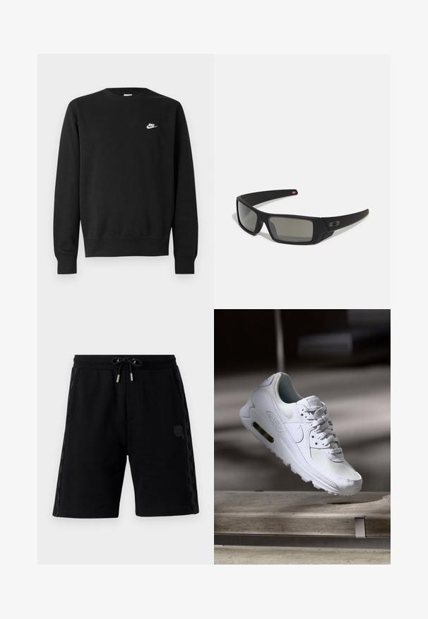 Musta puuvillainen collegepaita, jossa on pyöreä kaula-aukko, pitkät hihat ja pieni valkoinen Nike-logo vasemman rinnan yläosassa.; Mustat hikin shortsit, joissa on kiristettävä vyötärö, sivutaskut, tekstuurilliset sivupaneelit ja pieni logo. Valmistettu pehmeästä kankaasta.; Valkoiset Nike Air Max 90 -lenkkarit, joissa on verkko- ja nahkapinta, rei'itetty kärki ja näkyvä ilmayksikkö kantapäässä.; Mustat aurinkolasit matta-pinnalla, suorakulmaiset linssit, hieman kaarevat tempaukset, hienovarainen logo-yksityiskohta ja savunväriset linssit.