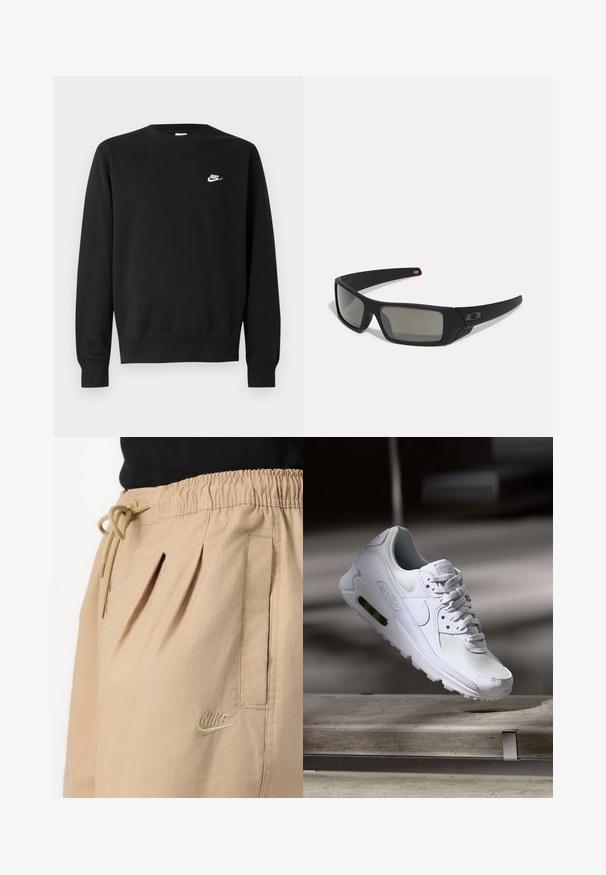 Sweatshirt preta de algodão, com gola redonda, mangas compridas e pequeno logótipo branco da Nike no lado superior esquerdo do peito.; Calções Nike bege com um cós elástico e cordão, pregas laterais e um pequeno logótipo bordado na perna esquerda.; Sapatilha Nike Air Max 90 branca com parte superior em malha e couro, caixa de dedos perfurada e uma unidade de ar visível no calcanhar.; Óculos de sol pretos com acabamento mate, lentes retangulares, leve curvatura nas hastes, detalhe sutil do logo e lentes de cor fumada.
