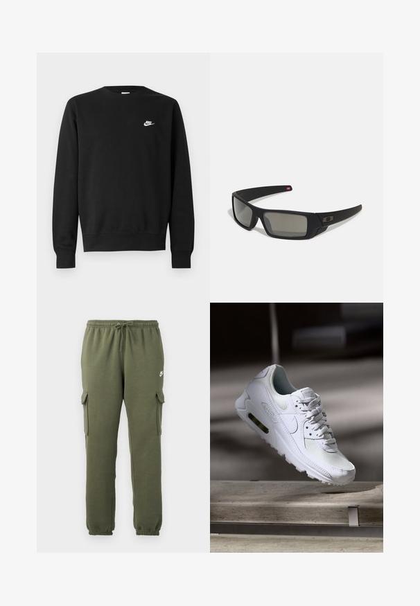 Juodas medvilninis džemperis su apvalia iškirpte, ilgomis rankovėmis ir mažu baltu „Nike“ logotipu viršutinėje kairėje krūtinės pusėje.; Tamsiai žalios spalvos cargo kelnės su elastingu juosmeniu, virvutės uždarymu, šoninėmis kišenėmis ir prekės ženklo logotipu ant šlaunies. Lygaus medvilnės mišinio audinys.; Baltos Nike Air Max 90 sportbačiai su.comi ir odos viršumi, perforuota pirštų dėžute ir matomu oro pagalvėle kulne.; Juodi akiniai saulės su matinio paviršiaus užbaigimu, stačiakampiai lęšiai, švelnus lenkimas ant šventyklų, subtilus logotipo detalizavimas ir dūminiai lęšiai.