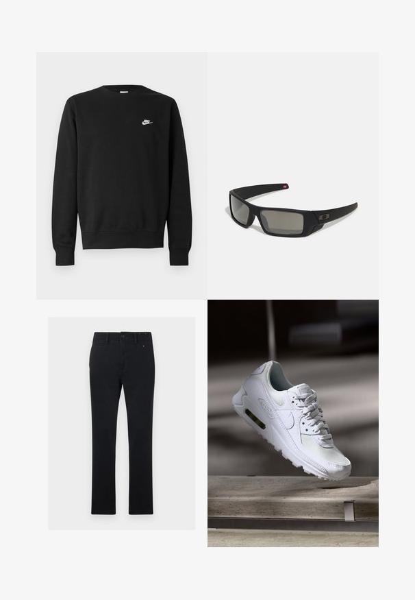 Juodas medvilninis džemperis su apvalia iškirpte, ilgomis rankovėmis ir mažu baltu „Nike“ logotipu viršutinėje kairėje krūtinės pusėje.; Juodi medvilniniai kelnių su tiesiu kirpimu, su mygtuku ir užtrauktuku, penkiomis kišenėmis ir subtiliais siuvinėjimo akcentais.; Baltos Nike Air Max 90 sportbačiai su.comi ir odos viršumi, perforuota pirštų dėžute ir matomu oro pagalvėle kulne.; Juodi akiniai saulės su matinio paviršiaus užbaigimu, stačiakampiai lęšiai, švelnus lenkimas ant šventyklų, subtilus logotipo detalizavimas ir dūminiai lęšiai.