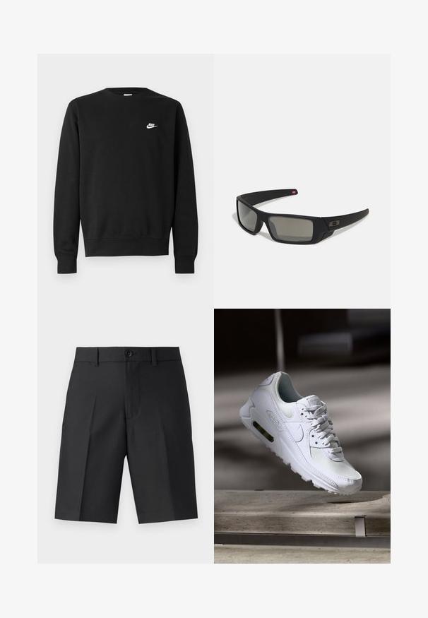 Czarna bluza z bawełny, z okrągłym dekoltem, długimi rękawami i małym białym logo Nike na górnej lewej stronie klatki piersiowej.; Czarne dopasowane szorty wykonane z lekkiego materiału, z prostym krojem, pojedynczymi fałdami i zapięciem na guzik z przodu.; Białe sneakersy Nike Air Max 90 z siateczkowym i skórzanym wierzchem, perforowanym czubkiem oraz widoczną jednostką Air w pięcie.; Czarne okulary przeciwsłoneczne z matowym wykończeniem, prostokątne soczewki, lekko wygięte zauszniki, subtelny detal z logo oraz szkła w odcieniu dymnym.