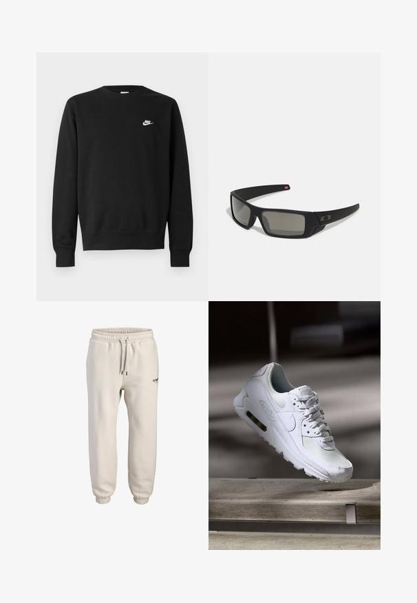 Schwarzer Sweatshirt aus Baumwolle mit rundem Ausschnitt, langen Ärmeln und einem kleinen weißen Nike-Logo auf der oberen linken Brust.; Helle beige Jogginghosen aus weichem Stoff, mit elastischem Bund und Kordelzug sowie schmal zulaufenden Bündchen. Kleines Logodetail auf der Vorderseite.; Weiße Nike Air Max 90 Sneaker mit einem Obermaterial aus Mesh und Leder, durchlässigem Zehenbereich und einer sichtbaren Air-Einheit in der Ferse.; Schwarze Sonnenbrille mit matter Oberfläche, rechteckigen Gläsern, leichtem Bogen an den Schläfen, dezentem Logo-Detail und rauchgetönten Gläsern.
