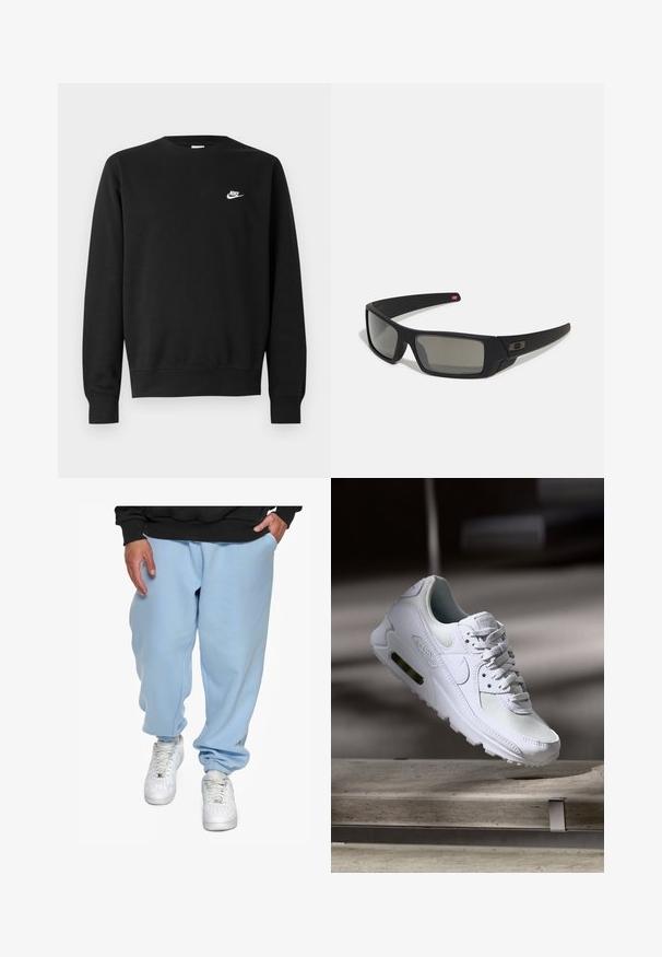 Črni pulover iz bombaža z okroglim izrezom, dolgimi rokavi in majhnim belim logotipom Nike na zgornjem levem delu prsnega koša.; Dropsize HEAVY LOOSE FIT JOGGER - Spodnji deli trenirk - baby blue; Bela Nike Air Max 90 športna obutev z mrežastim in usnjenim zgornjim delom, perforiranim prstnim delom in vidno zračno enoto v peti.; Crne sončne naočale s mat površinom, pravokutne leće, blagi luk na sljepilima, diskretna oznaka i leće sa dimnim nijansama.