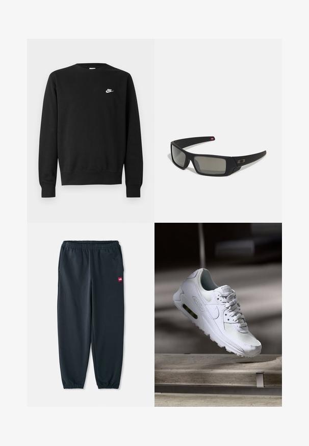 Czarna bluza z bawełny, z okrągłym dekoltem, długimi rękawami i małym białym logo Nike na górnej lewej stronie klatki piersiowej.; Czarne spodnie dresowe z gładkiego materiału, z elastycznym paskiem w talii, ściągaczami przy kostkach oraz małą czerwoną naszywką z logo z boku.; Białe sneakersy Nike Air Max 90 z siateczkowym i skórzanym wierzchem, perforowanym czubkiem oraz widoczną jednostką Air w pięcie.; Czarne okulary przeciwsłoneczne z matowym wykończeniem, prostokątne soczewki, lekko wygięte zauszniki, subtelny detal z logo oraz szkła w odcieniu dymnym.