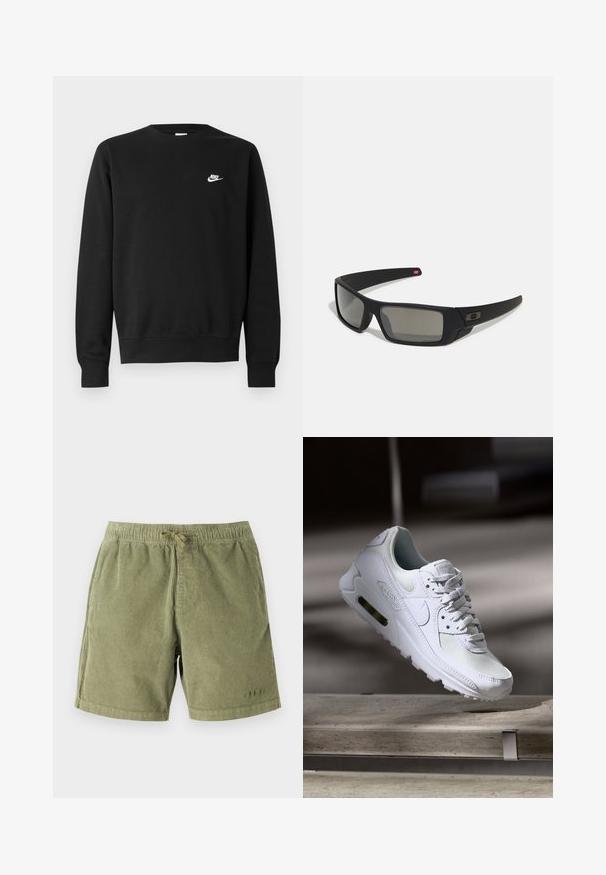 Black sweatshirt made of cotton, featuring a round neck, long sleeves, and a small white Nike logo on the upper left chest.; Light green corduroy shorts with an elastic waistband and drawstring. Features side pockets and subtle stitching details.; White Nike Air Max 90 sneaker featuring a mesh and leather upper, perforated toe box, and a visible air unit in the heel.; Black sunglasses with a matte finish, rectangular lenses, slight curve on temples, subtle logo detail, and smoke-tinted lenses.