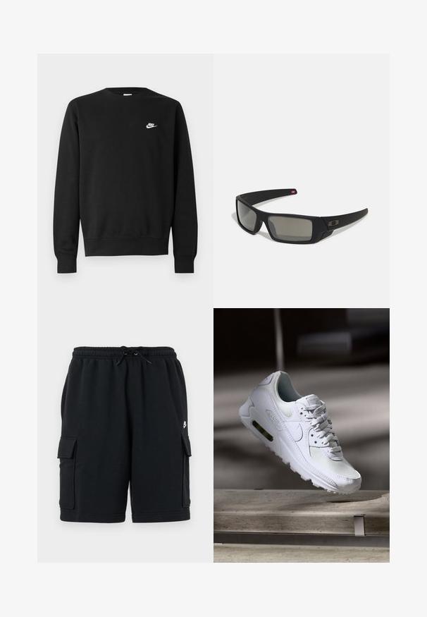 Sweatshirt preta de algodão, com gola redonda, mangas compridas e pequeno logótipo branco da Nike no lado superior esquerdo do peito.; Calções cargo pretos em algodão com cintura elástica e cordão, apresentando dois bolsos laterais e um pequeno detalhe com o logótipo.; Sapatilha Nike Air Max 90 branca com parte superior em malha e couro, caixa de dedos perfurada e uma unidade de ar visível no calcanhar.; Óculos de sol pretos com acabamento mate, lentes retangulares, leve curvatura nas hastes, detalhe sutil do logo e lentes de cor fumada.