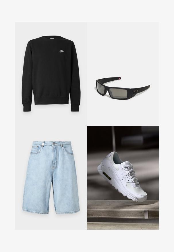Black sweatshirt made of cotton, featuring a round neck, long sleeves, and a small white Nike logo on the upper left chest.; Light blue denim shorts with a relaxed fit, featuring two front pockets, a zipper fly, and visible stitching accents.; White Nike Air Max 90 sneaker featuring a mesh and leather upper, perforated toe box, and a visible air unit in the heel.; Black sunglasses with a matte finish, rectangular lenses, slight curve on temples, subtle logo detail, and smoke-tinted lenses.