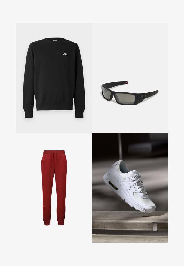 Schwarzer Sweatshirt aus Baumwolle mit rundem Ausschnitt, langen Ärmeln und einem kleinen weißen Nike-Logo auf der oberen linken Brust.; Rote Velours-Sweatpants mit elastischem Bund, Kordelzug, seitlichen Taschen und gerippten Bündchen. Begeistert mit einem kleinen Logosignet am Unterschenkel.; Weiße Nike Air Max 90 Sneaker mit einem Obermaterial aus Mesh und Leder, durchlässigem Zehenbereich und einer sichtbaren Air-Einheit in der Ferse.; Schwarze Sonnenbrille mit matter Oberfläche, rechteckigen Gläsern, leichtem Bogen an den Schläfen, dezentem Logo-Detail und rauchgetönten Gläsern.