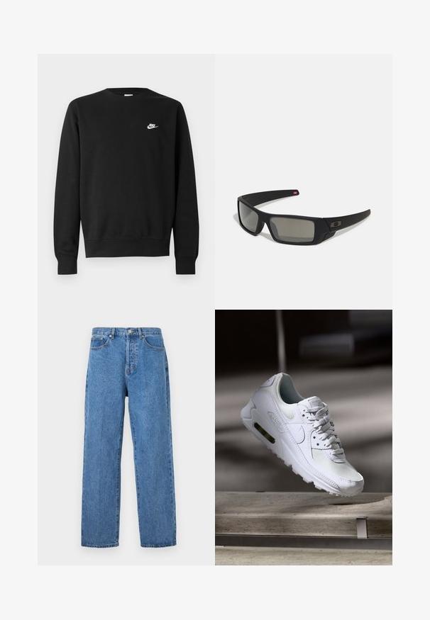 Črni pulover iz bombaža z okroglim izrezom, dolgimi rokavi in majhnim belim logotipom Nike na zgornjem levem delu prsnega koša.; Svete modre kavbojke s ravnim rezom, z zaponko, petimi žepi in minimalnim zbledelostim.; Bela Nike Air Max 90 športna obutev z mrežastim in usnjenim zgornjim delom, perforiranim prstnim delom in vidno zračno enoto v peti.; Crne sončne naočale s mat površinom, pravokutne leće, blagi luk na sljepilima, diskretna oznaka i leće sa dimnim nijansama.