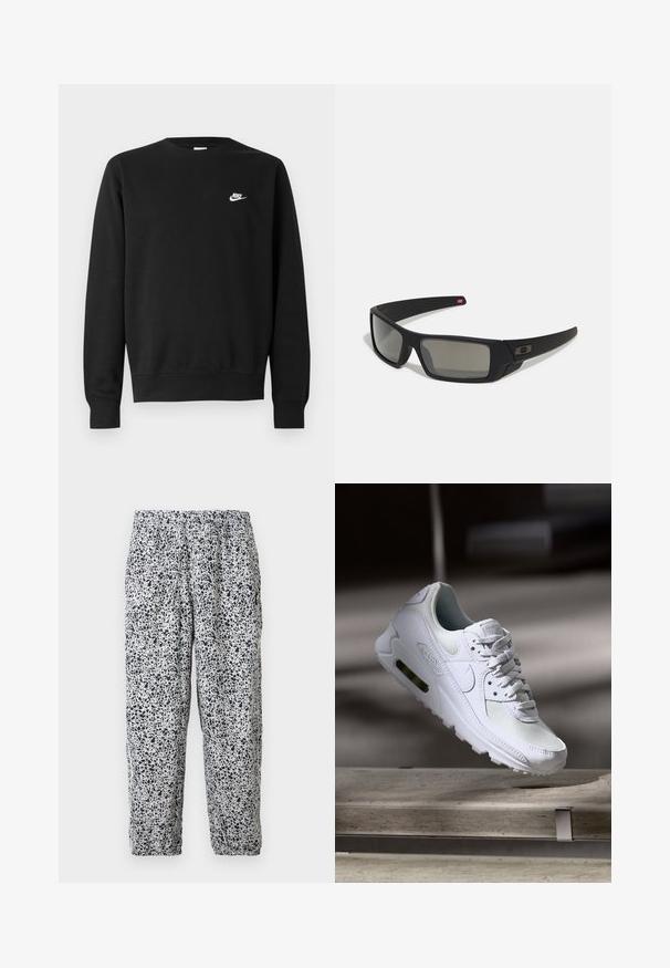 Mustast puuvillast dressipluus, millel on ümar kaelus, pikad varrukad ja väike valge Nike logo paremal ülakõhul.; Valged elastse vöökohaga püksid musta ebaühtlase täpilise mustriga ja elastsete pöördega, riputatud ühevärvilise tausta vastu.; Valged Nike Air Max 90 sneakers, millel on võrkkangast ja nahast ülemine osa, aukudega varbadosa ning nähtav õhuüksus kandades.; Mustad mustaga viimistlusega prillid, ristkülikukujulised läätsed, templite kerge kõverus, diskreetne logo detail ja suitsutatud läätsed.