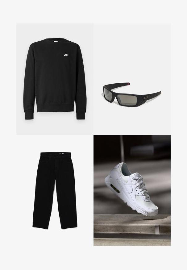 Felpa nera in cotone, con scollo rotondo, maniche lunghe e un piccolo logo Nike bianco sul lato sinistro superiore del petto.; Jeans dritti in denim nero con chiusura a bottone, cinque tasche e una texture liscia. Etichetta visibile all'interno della cintura che mostra la taglia 32.; Sneaker Nike Air Max 90 bianco con tomaia in mesh e pelle, punta forata e un'unità air visibile nel tallone.; Occhiali da sole neri con finitura opaca, lenti rettangolari, leggero curvatura sulle tempie, dettaglio logo discreto e lenti color fumo.
