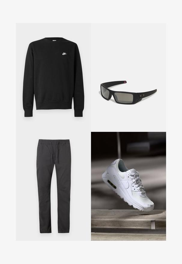 Svart genser i bomull med rund hals, lange ermer og en liten hvit Nike-logo øverst til venstre på brystet.; Sorte, lette bukser med elastisk midje og snøring. Har tapered ben og sidelommer for praktisk bruk.; Hvit Nike Air Max 90 sneakers med øvre del laget av mesh og skinn, perforert tåboks og en synlig luftenhet i hælen.; Sorte solbriller med mat finish, rektangulære linser, lett kurv på brillestengene, diskret logo detaljer, og røyktinted linser.