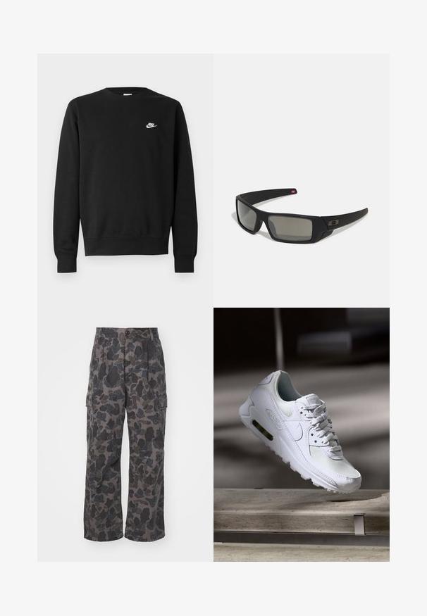 Czarna bluza z bawełny, z okrągłym dekoltem, długimi rękawami i małym białym logo Nike na górnej lewej stronie klatki piersiowej.; Spodnie cargo w ciemnoszarym kolorze z kamuflażowym wzorem, o luźnym kroju, z zapięciem na guzik oraz bocznymi kieszeniami do przechowywania.; Białe sneakersy Nike Air Max 90 z siateczkowym i skórzanym wierzchem, perforowanym czubkiem oraz widoczną jednostką Air w pięcie.; Czarne okulary przeciwsłoneczne z matowym wykończeniem, prostokątne soczewki, lekko wygięte zauszniki, subtelny detal z logo oraz szkła w odcieniu dymnym.