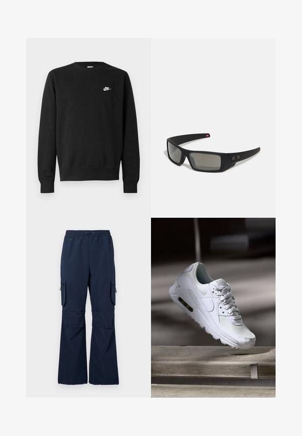 Sweatshirt preta de algodão, com gola redonda, mangas compridas e pequeno logótipo branco da Nike no lado superior esquerdo do peito.; Calças de carga em azul-marinho, feitas de um tecido leve, com cintura ajustável por cordão, dois bolsos laterais e bolsos de carga com fecho éclair em ambas as pernas.; Sapatilha Nike Air Max 90 branca com parte superior em malha e couro, caixa de dedos perfurada e uma unidade de ar visível no calcanhar.; Óculos de sol pretos com acabamento mate, lentes retangulares, leve curvatura nas hastes, detalhe sutil do logo e lentes de cor fumada.