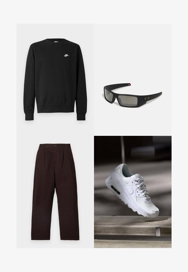 Sweat-shirt noir en coton, avec un col rond, des manches longues, et un petit logo Nike blanc sur la partie supérieure gauche de la poitrine.; Pantalon plissé marron foncé avec fermeture à bouton, fabriqué en coton doux. Il présente des jambes droites et une texture subtile.; Sneaker Nike Air Max 90 blanche avec une tige en mesh et cuir, une boîte à orteils perforée et une unité air visible au talon.; Lunettes de soleil noires avec une finition mate, verres rectangulaires, légère courbure sur les branches, détail de logo subtil et verres teintés fumés.