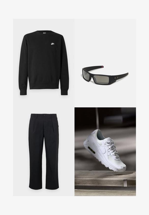 Musta puuvillainen collegepaita, jossa on pyöreä kaula-aukko, pitkät hihat ja pieni valkoinen Nike-logo vasemman rinnan yläosassa.; Mustat housut suoran istuvuuden omaavilla, edessä olevaa laskosta, nappikiinnityksellä ja sileällä kangaspinnalla.; Valkoiset Nike Air Max 90 -lenkkarit, joissa on verkko- ja nahkapinta, rei'itetty kärki ja näkyvä ilmayksikkö kantapäässä.; Mustat aurinkolasit matta-pinnalla, suorakulmaiset linssit, hieman kaarevat tempaukset, hienovarainen logo-yksityiskohta ja savunväriset linssit.