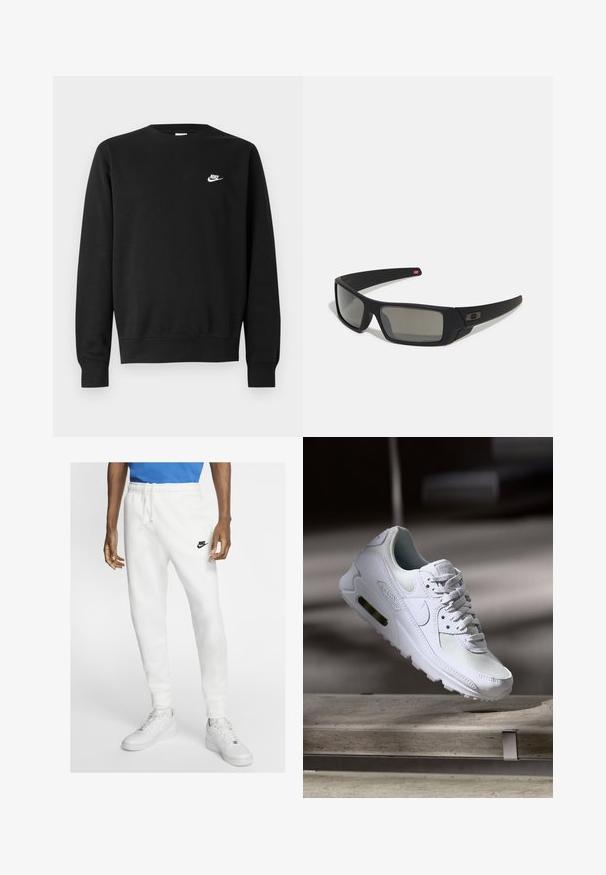 Sweatshirt preta de algodão, com gola redonda, mangas compridas e pequeno logótipo branco da Nike no lado superior esquerdo do peito.; Calças de atletismo brancas com cintura elástica, cordão e um logo preto da Nike. Apresentam uma textura de tecido suave e pernas ajustadas.; Sapatilha Nike Air Max 90 branca com parte superior em malha e couro, caixa de dedos perfurada e uma unidade de ar visível no calcanhar.; Óculos de sol pretos com acabamento mate, lentes retangulares, leve curvatura nas hastes, detalhe sutil do logo e lentes de cor fumada.