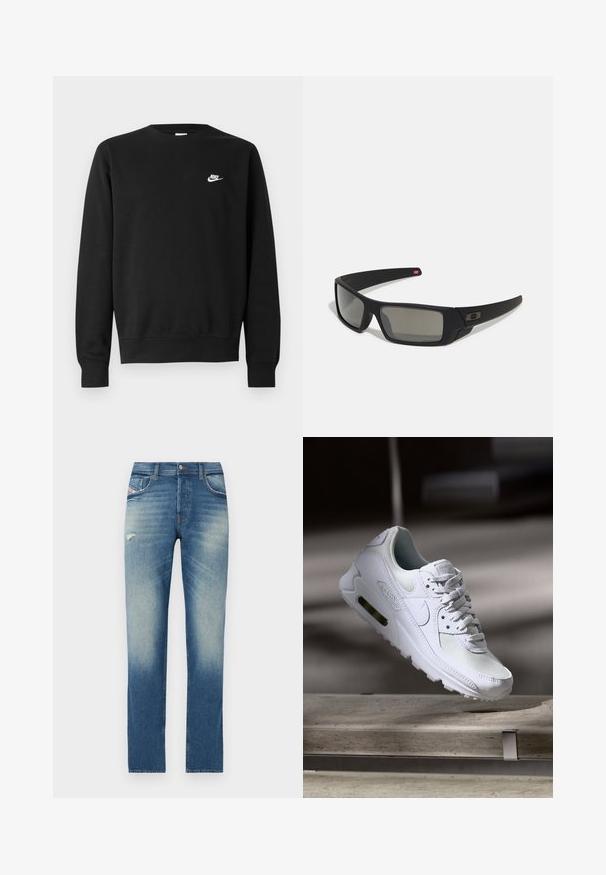 Fekete, pamutból készült pulóver kerek nyakkal, hosszú ujjakkal és a bal felső mellrészen egy kis fehér Nike logóval.; Kék farmernadrág egyenes fazonban, világos kopásokkal, egy kis kopott részlettel az elején, és standard öt zsebes kialakítással.; Fehér Nike Air Max 90 sneaker, amely hálós és bőr felsőrésszel, perforált orr-résszel és látható légpárnás egységgel rendelkezik a saroknál.; Fekete napszemüveg matt felülettel, téglalap alakú lencsékkel, enyhe ívvel a templomokon, diszkrét logó részlettel és füstszínű lencsékkel.