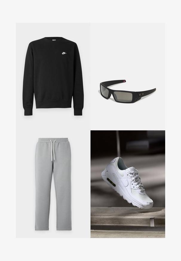 Sweatshirt preta de algodão, com gola redonda, mangas compridas e pequeno logótipo branco da Nike no lado superior esquerdo do peito.; Calças de desporto cinzentas feitas de um tecido macio, com uma cintura elástica e cordões brancos, pernas retas e sem bolsos visíveis.; Sapatilha Nike Air Max 90 branca com parte superior em malha e couro, caixa de dedos perfurada e uma unidade de ar visível no calcanhar.; Óculos de sol pretos com acabamento mate, lentes retangulares, leve curvatura nas hastes, detalhe sutil do logo e lentes de cor fumada.