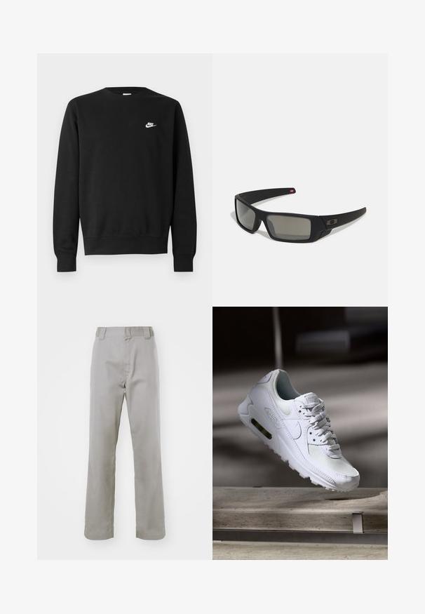 Sweat-shirt noir en coton, avec un col rond, des manches longues, et un petit logo Nike blanc sur la partie supérieure gauche de la poitrine.; Pantalons en coton gris avec une coupe droite, présentant un devant plat, des passants de ceinture et une texture lisse.; Sneaker Nike Air Max 90 blanche avec une tige en mesh et cuir, une boîte à orteils perforée et une unité air visible au talon.; Lunettes de soleil noires avec une finition mate, verres rectangulaires, légère courbure sur les branches, détail de logo subtil et verres teintés fumés.