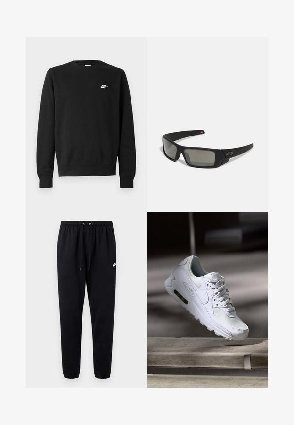 Svart genser i bomull med rund hals, lange ermer og en liten hvit Nike-logo øverst til venstre på brystet.; Svart joggebukse laget av mykt stoff, med elastisk linning med snor, avsmalnende ben og en liten hvit logo på venstre side.; Hvit Nike Air Max 90 sneakers med øvre del laget av mesh og skinn, perforert tåboks og en synlig luftenhet i hælen.; Sorte solbriller med mat finish, rektangulære linser, lett kurv på brillestengene, diskret logo detaljer, og røyktinted linser.