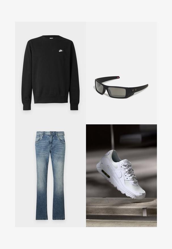 Mustast puuvillast dressipluus, millel on ümar kaelus, pikad varrukad ja väike valge Nike logo paremal ülakõhul.; Heledad sinine teksapükste flaier, millel on gradiente pesu, viie tasku disain, metallist nupu sulgemine ja nähtav õmblus pükste õmblustel.; Valged Nike Air Max 90 sneakers, millel on võrkkangast ja nahast ülemine osa, aukudega varbadosa ning nähtav õhuüksus kandades.; Mustad mustaga viimistlusega prillid, ristkülikukujulised läätsed, templite kerge kõverus, diskreetne logo detail ja suitsutatud läätsed.