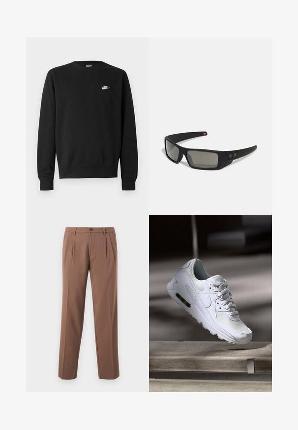 Sort sweatshirt lavet af bomuld med rund hals, lange ærmer og et lille hvidt Nike-logo på øverste venstre bryst.; Brune plisserede bukser med lige ben-design, der har en enkelt knaplukning og en glat, struktureret stof.; Hvide Nike Air Max 90 sneakers med en overdel i mesh og læder, perforeret tåboks og en synlig luftenhed i hælen.; Sorte solbriller med mat finish, rektangulære linser, let kurve ved templerne, diskret logo detaljer og røgfarvede linser.
