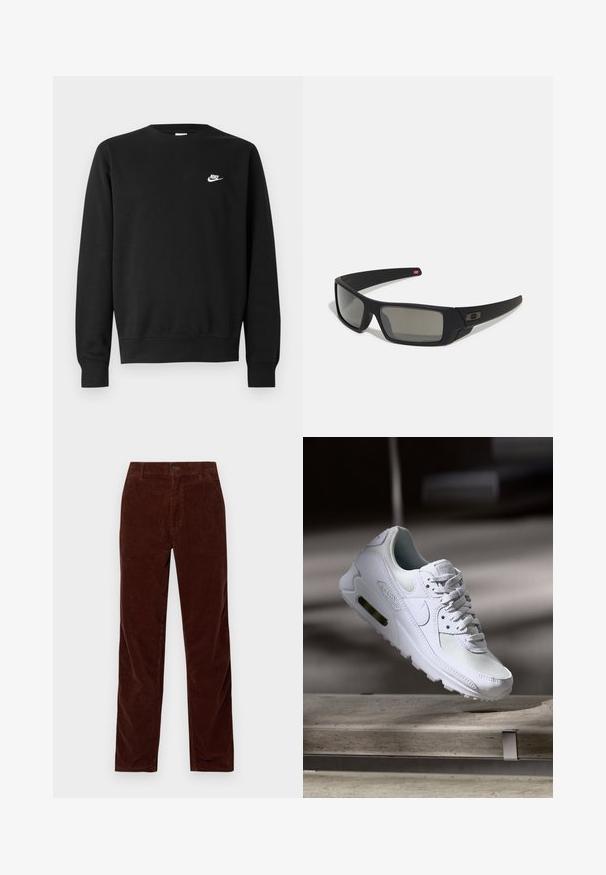 Schwarzer Sweatshirt aus Baumwolle mit rundem Ausschnitt, langen Ärmeln und einem kleinen weißen Nike-Logo auf der oberen linken Brust.; Carhartt WIP SIMPLE PANT - Stoffhose - offroad rinsed; Weiße Nike Air Max 90 Sneaker mit einem Obermaterial aus Mesh und Leder, durchlässigem Zehenbereich und einer sichtbaren Air-Einheit in der Ferse.; Schwarze Sonnenbrille mit matter Oberfläche, rechteckigen Gläsern, leichtem Bogen an den Schläfen, dezentem Logo-Detail und rauchgetönten Gläsern.