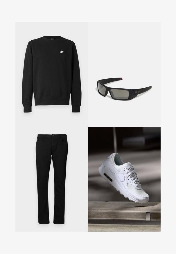 Fekete, pamutból készült pulóver kerek nyakkal, hosszú ujjakkal és a bal felső mellrészen egy kis fehér Nike logóval.; Fekete denim farmer, slim fit szabással, elülső zsebekkel, övpántokkal és gombos záródással. Simább textúrájú, egyszínű.; Fehér Nike Air Max 90 sneaker, amely hálós és bőr felsőrésszel, perforált orr-résszel és látható légpárnás egységgel rendelkezik a saroknál.; Fekete napszemüveg matt felülettel, téglalap alakú lencsékkel, enyhe ívvel a templomokon, diszkrét logó részlettel és füstszínű lencsékkel.