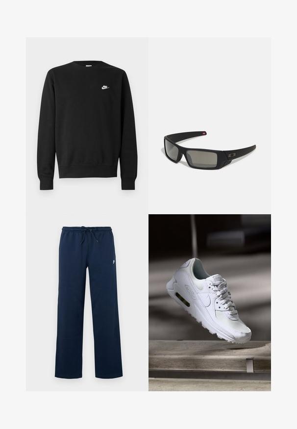 Czarna bluza z bawełny, z okrągłym dekoltem, długimi rękawami i małym białym logo Nike na górnej lewej stronie klatki piersiowej.; Granatowe spodnie dresowe z elastycznym pasem, sznurowaniem, bocznymi szwami i małym białym logo na górnej lewej nodze.; Białe sneakersy Nike Air Max 90 z siateczkowym i skórzanym wierzchem, perforowanym czubkiem oraz widoczną jednostką Air w pięcie.; Czarne okulary przeciwsłoneczne z matowym wykończeniem, prostokątne soczewki, lekko wygięte zauszniki, subtelny detal z logo oraz szkła w odcieniu dymnym.