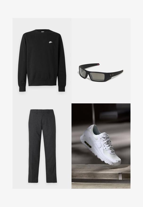 Mustast puuvillast dressipluus, millel on ümar kaelus, pikad varrukad ja väike valge Nike logo paremal ülakõhul.; Tumedhallid ühevärvilised püksid, millel on sile tekstuur, sirged sääred, eesmine taskud ja vöökingad reguleeritava sobivuse jaoks.; Valged Nike Air Max 90 sneakers, millel on võrkkangast ja nahast ülemine osa, aukudega varbadosa ning nähtav õhuüksus kandades.; Mustad mustaga viimistlusega prillid, ristkülikukujulised läätsed, templite kerge kõverus, diskreetne logo detail ja suitsutatud läätsed.