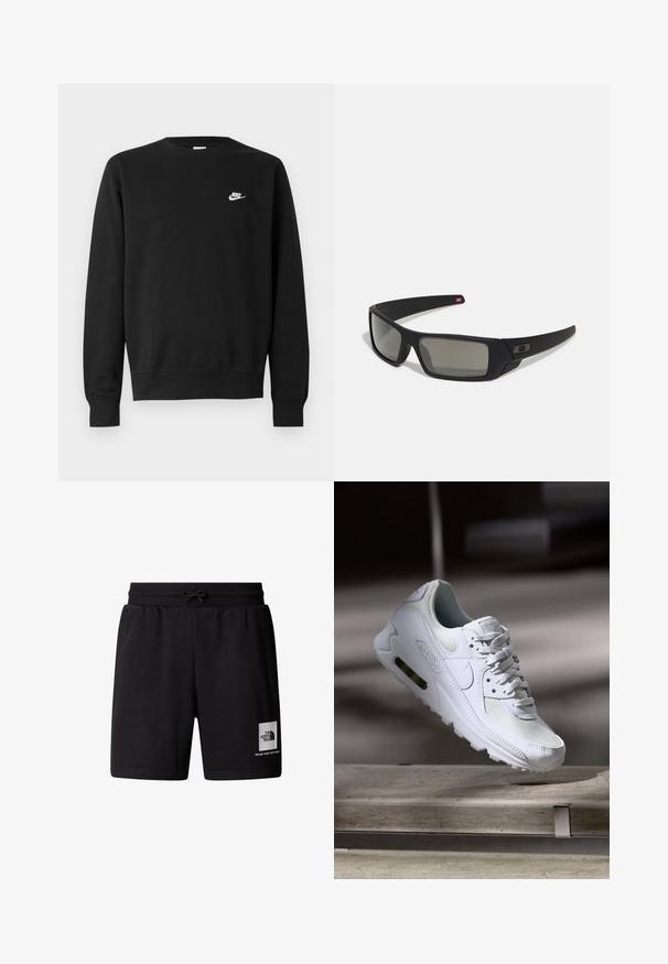 Sudadera negra de algodón, con cuello redondo, mangas largas y un pequeño logo blanco de Nike en el pecho superior izquierdo.; Pantalones cortos deportivos negros de tela suave, con cintura elástica y cordón, y un parche de logo blanco en el muslo izquierdo.; Zapatilla Nike Air Max 90 blanca con parte superior de malla y cuero, caja de puntera perforada y unidad de aire visible en el talón.; Gafas de sol negras con acabado mate, lentes rectangulares, ligera curvatura en las patillas, sutil detalle del logo y lentes ahumados.