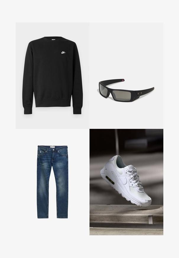 Melnā džemperis no kokvilnas ar apaļu izgriezumu, gariem piedurknēm un mazu balto Nike logotipu augšējā kreisajā krūtī.; Tumši zili džinsi ar taisnu griezumu, ar vieglu nodilumu, pieciem kabatām, ar rāvējslēdzēju un nemanāmu kontrastu šuvēm.; Baltas Nike Air Max 90 sporta apavi ar sietu un ādas augšdaļu, caurspīdīgu pirksta daļu un redzamu gaisa vienību papēdī.; Melni saulesbrilles ar matētu apdari, taisnstūra lēcām, nedaudz izliektiem tempļiem, smalkiem logotipa elementiem un dūmu nokrāsas lēcām.