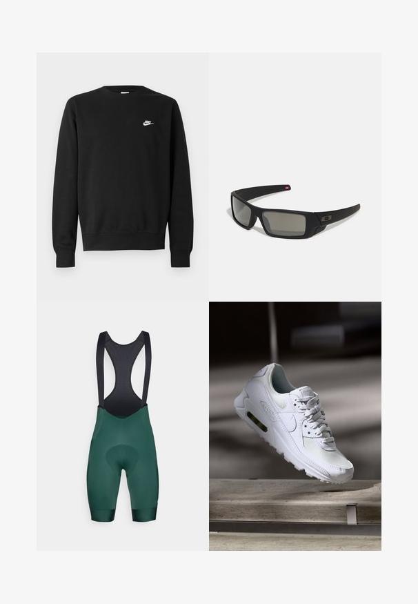 Sort sweatshirt lavet af bomuld med rund hals, lange ærmer og et lille hvidt Nike-logo på øverste venstre bryst.; Grøn cykelbibs med sorte stropper, der har et polstret chamois-område og en glat tekstur. Designet inkluderer en mesh-ryg for ventilation.; Hvide Nike Air Max 90 sneakers med en overdel i mesh og læder, perforeret tåboks og en synlig luftenhed i hælen.; Sorte solbriller med mat finish, rektangulære linser, let kurve ved templerne, diskret logo detaljer og røgfarvede linser.