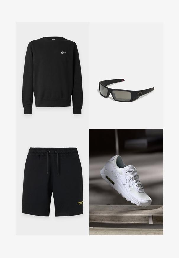 Juodas medvilninis džemperis su apvalia iškirpte, ilgomis rankovėmis ir mažu baltu „Nike“ logotipu viršutinėje kairėje krūtinės pusėje.; Juodos medvilnės šortai su elastinga juostos dalimi, su raišteliu ir geltonu tekstu ant apatinės kairės kojos.; Baltos Nike Air Max 90 sportbačiai su.comi ir odos viršumi, perforuota pirštų dėžute ir matomu oro pagalvėle kulne.; Juodi akiniai saulės su matinio paviršiaus užbaigimu, stačiakampiai lęšiai, švelnus lenkimas ant šventyklų, subtilus logotipo detalizavimas ir dūminiai lęšiai.