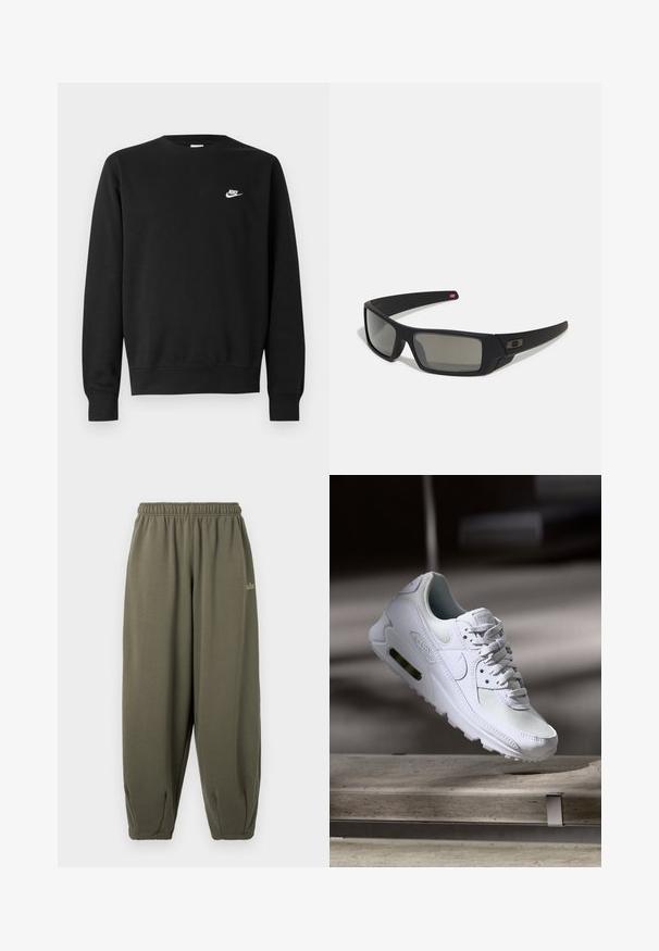 Sweatshirt preta de algodão, com gola redonda, mangas compridas e pequeno logótipo branco da Nike no lado superior esquerdo do peito.; Calças de fato cinza-esverdeadas com um cós elástico e punhos. Apresenta uma marcação mínima em fio correspondente de um lado. Textura suave.; Sapatilha Nike Air Max 90 branca com parte superior em malha e couro, caixa de dedos perfurada e uma unidade de ar visível no calcanhar.; Óculos de sol pretos com acabamento mate, lentes retangulares, leve curvatura nas hastes, detalhe sutil do logo e lentes de cor fumada.